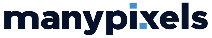 Manypixels logo in dark blue with light blue pixel accent in text