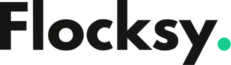 Flocksy logo in black text with green dot after the y