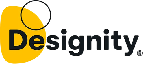 Designity logo in black text with yellow rounded square shape and circle above
