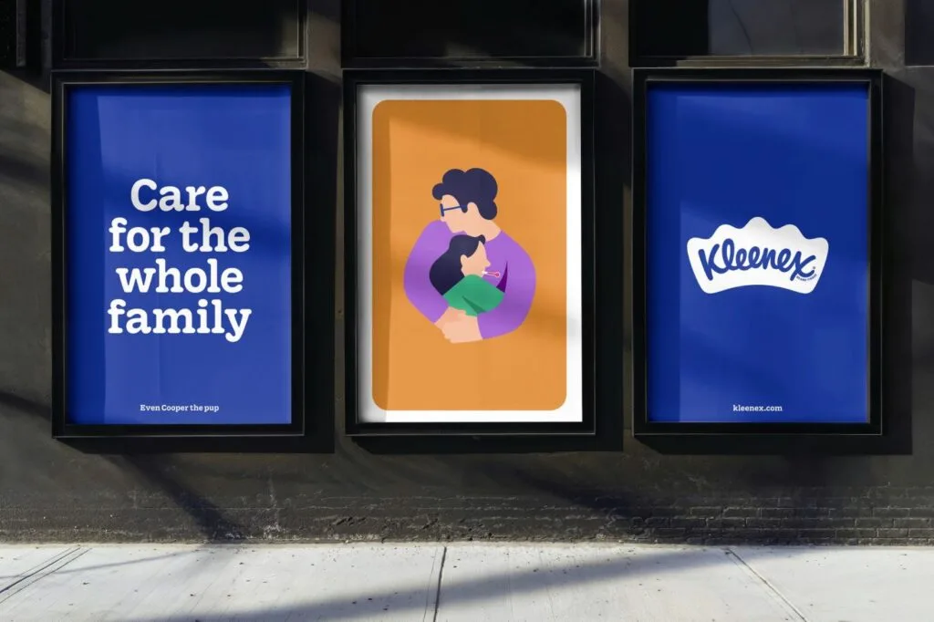 Kleenex's 2024 rebranding posters with family care messaging, bold colors, and a refreshed logo.
