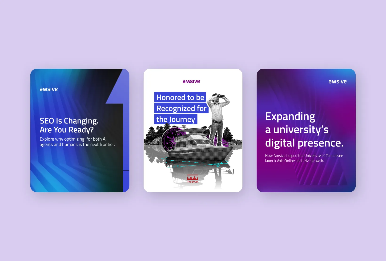 Three Amsive campaign graphics using blue and purple gradients, layered geometric shapes, and collage textures.