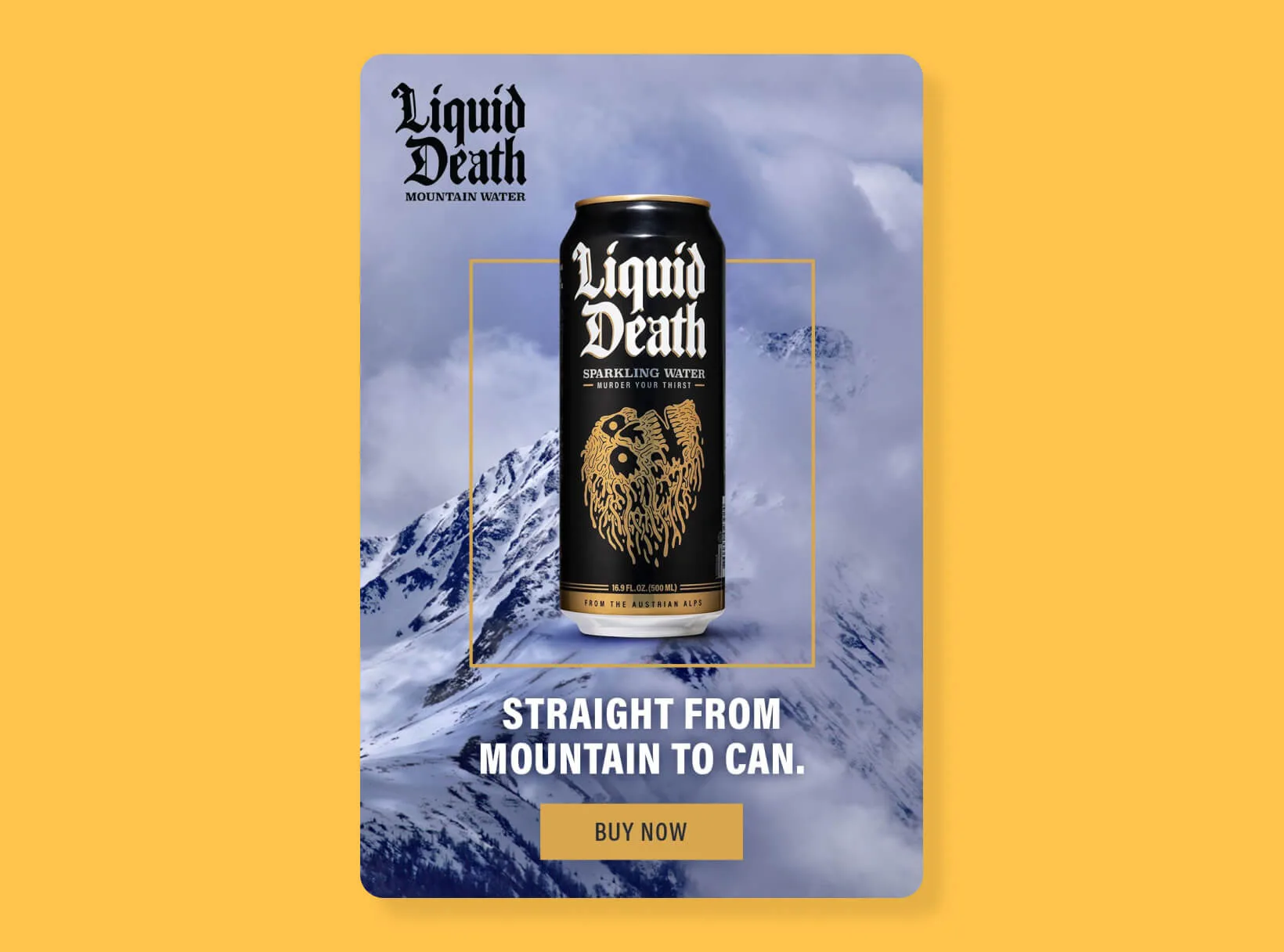 Liquid Death sparkling water advertising visual featuring a black can with gothic typography and a mountain backdrop.