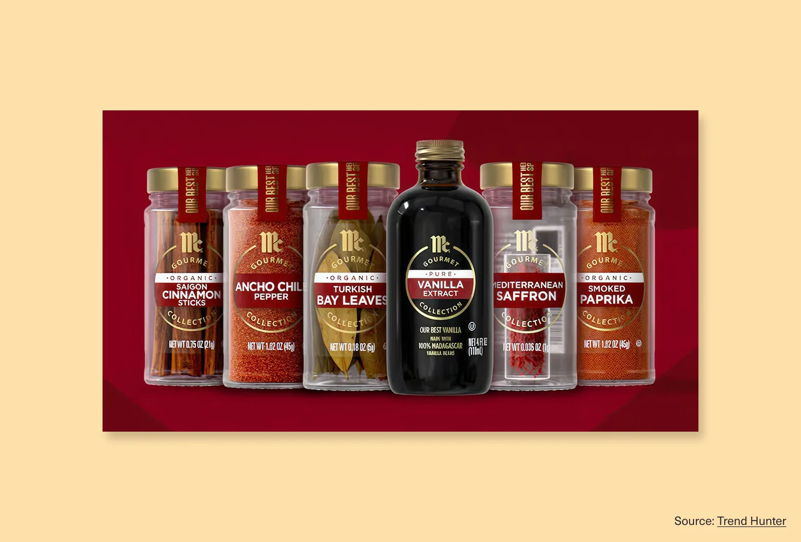 McCormick Gourmet Collection spice jars with burgundy labels and gold caps