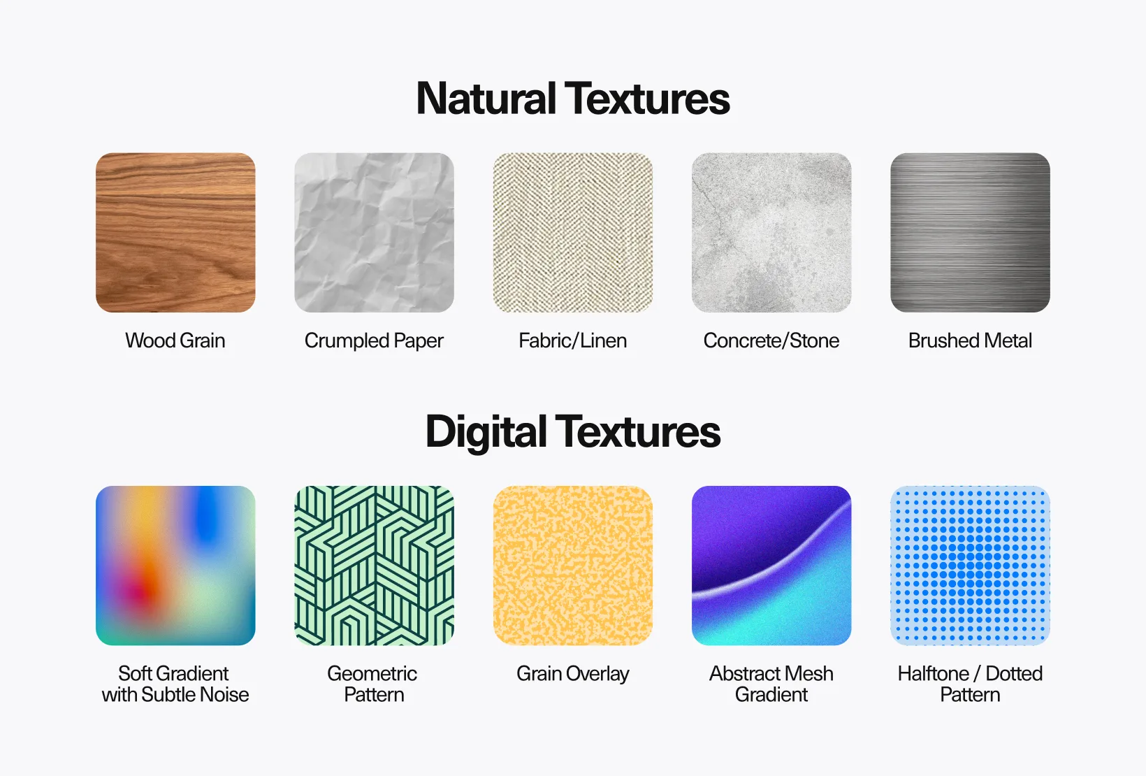Comparison of natural and digital graphic design textures, including wood, crumpled paper, linen, stone, metal, gradients, patterns, grain, and halftone.
