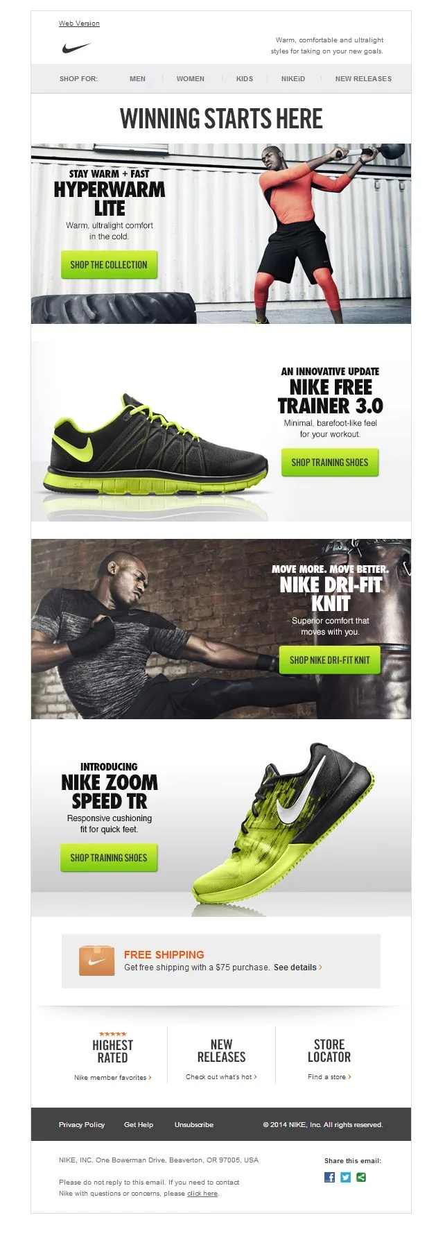 Nike newsletter showcasing training gear, shoes, apparel, and free shipping offers in bold layouts.