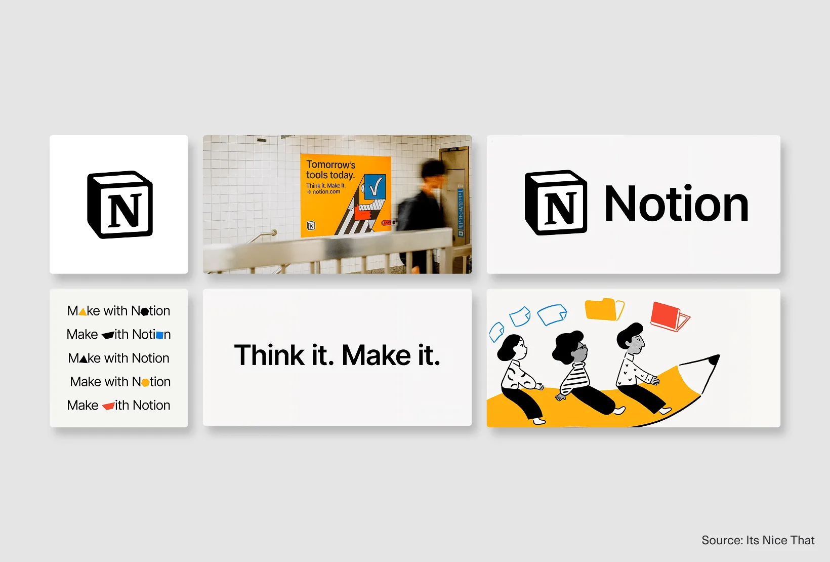 Notion visual identity system showing logo, wordmark, campaign poster, typography, and illustration across multiple touchpoints