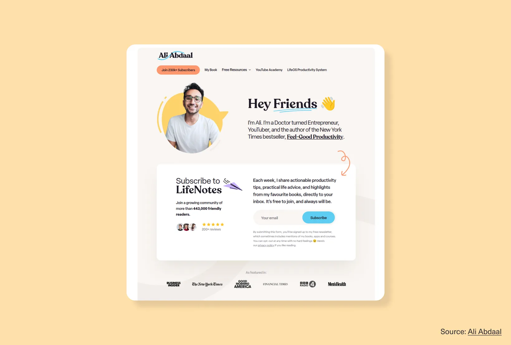 Screenshot of the Ali Abdaal personal website with an introduction section, personal branding, and newsletter signup form