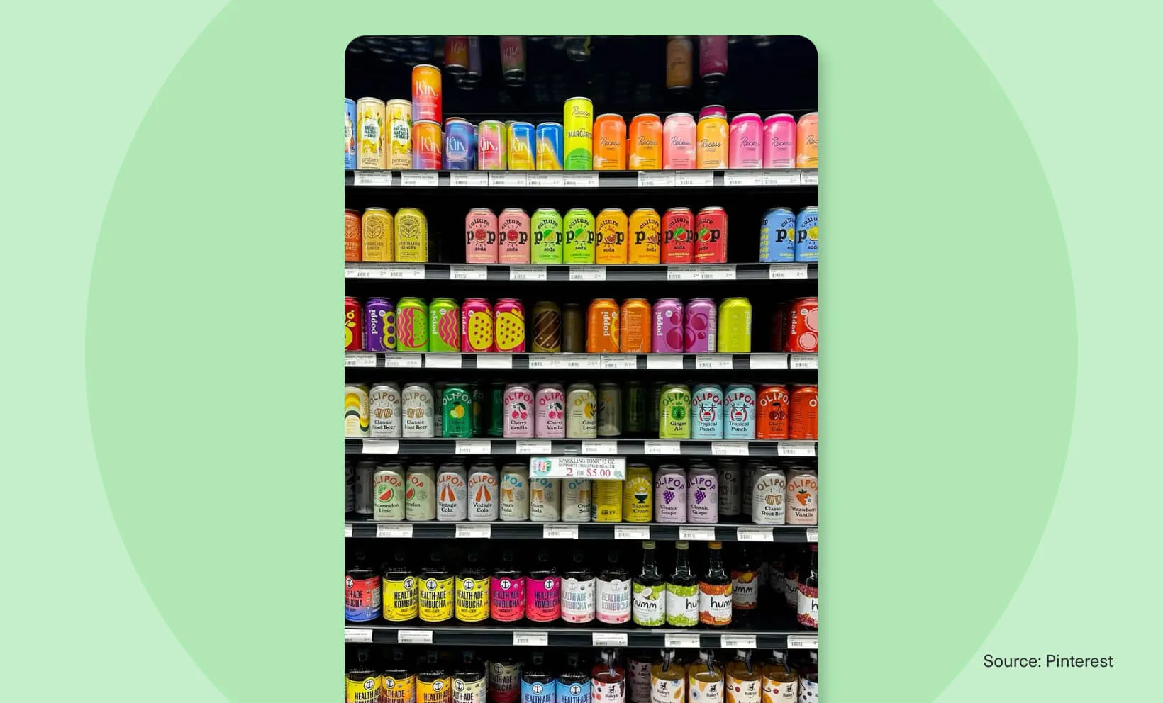 Colorful beverage cans lined up on store shelves, showing how product packaging can blend together in a crowded market.