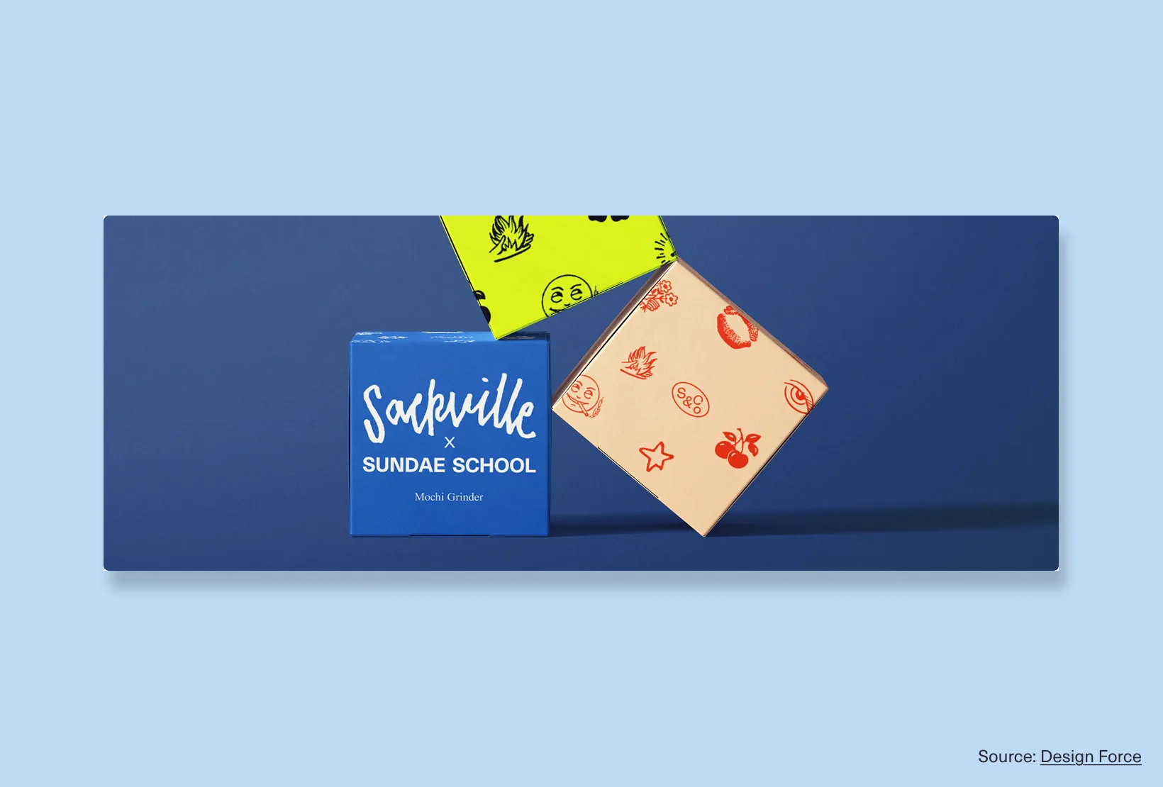 Sackville x Sundae School Mochi Grinder boxes shown as a colorful packaging system