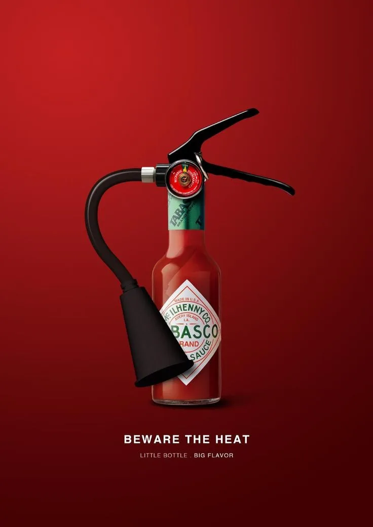 Tabasco bottle designed as a fire extinguisher with text "Beware the Heat: Little Bottle, Big Flavor."
