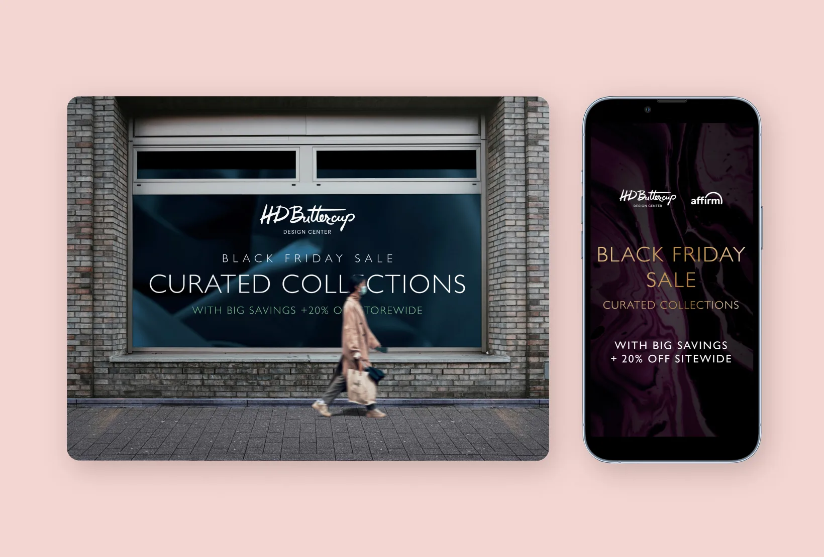HD Buttercup Black Friday ads shown on a storefront and phone using dark blue and marbled purple textures.