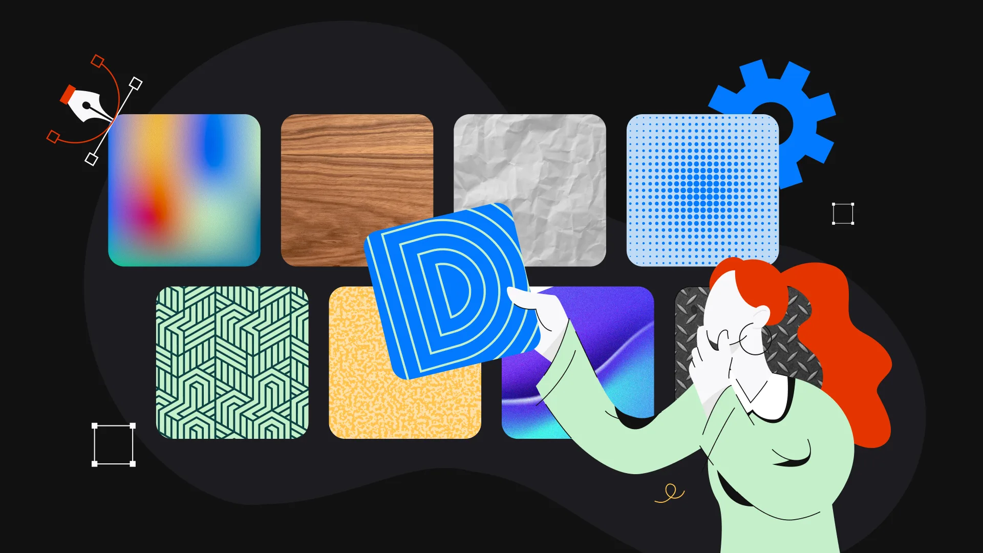 Illustration of a designer holding a textured blue tile beside examples of gradients, wood grain, crumpled paper, patterns, and halftone textures.