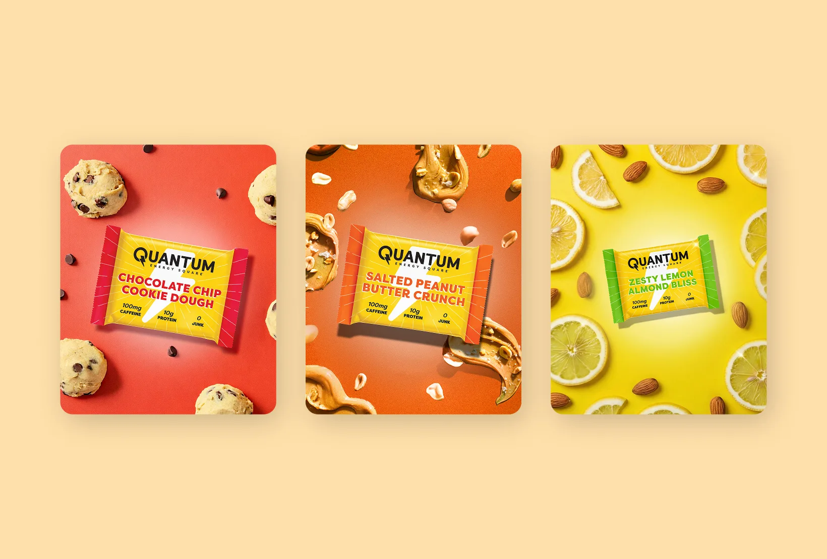Three Quantum Energy Square product ads featuring cookie dough, peanut butter, lemon, and almond imagery on bright backgrounds.