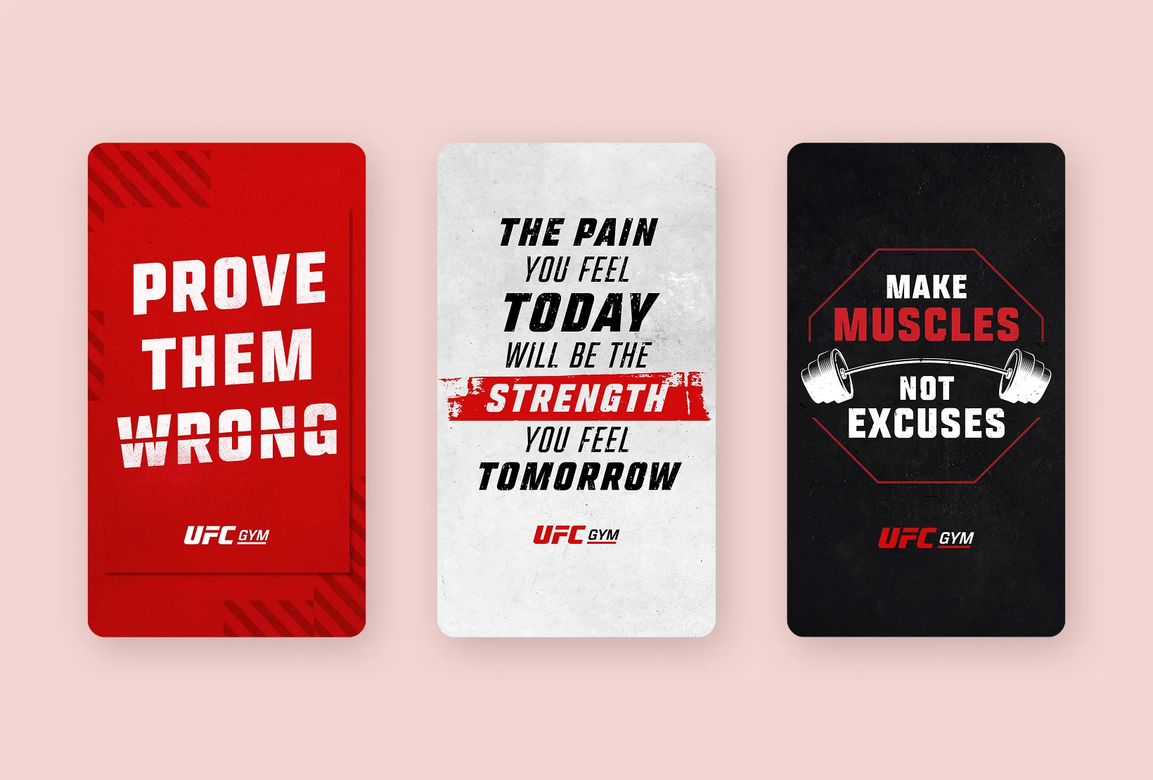Three UFC Gym graphics featuring distressed typography and gritty red, white, and black textures.
