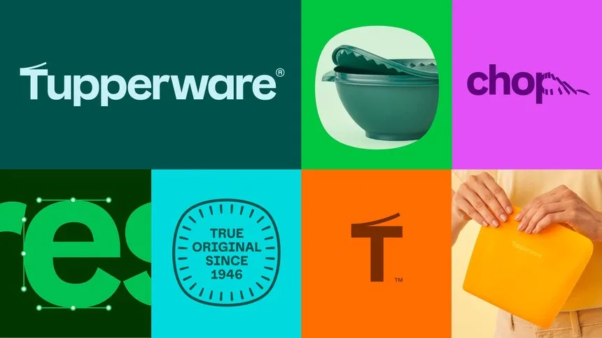 Tupperware's 2024 rebranding showcasing a bold logo, vibrant colors, and innovative product designs.