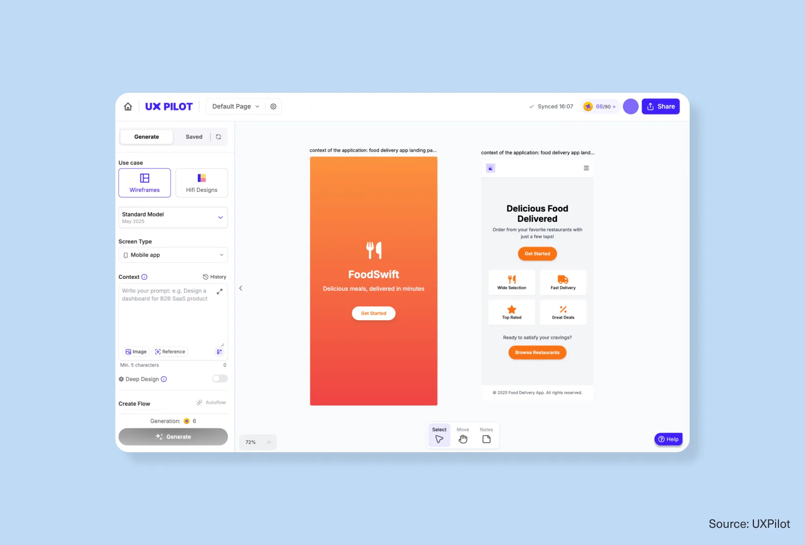 UXPilot interface generating mobile app wireframes for a food delivery landing page