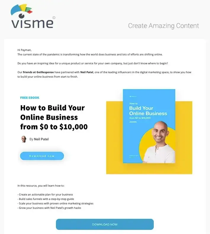 Visme newsletter offering a free ebook by Neil Patel on building an online business with a download link.