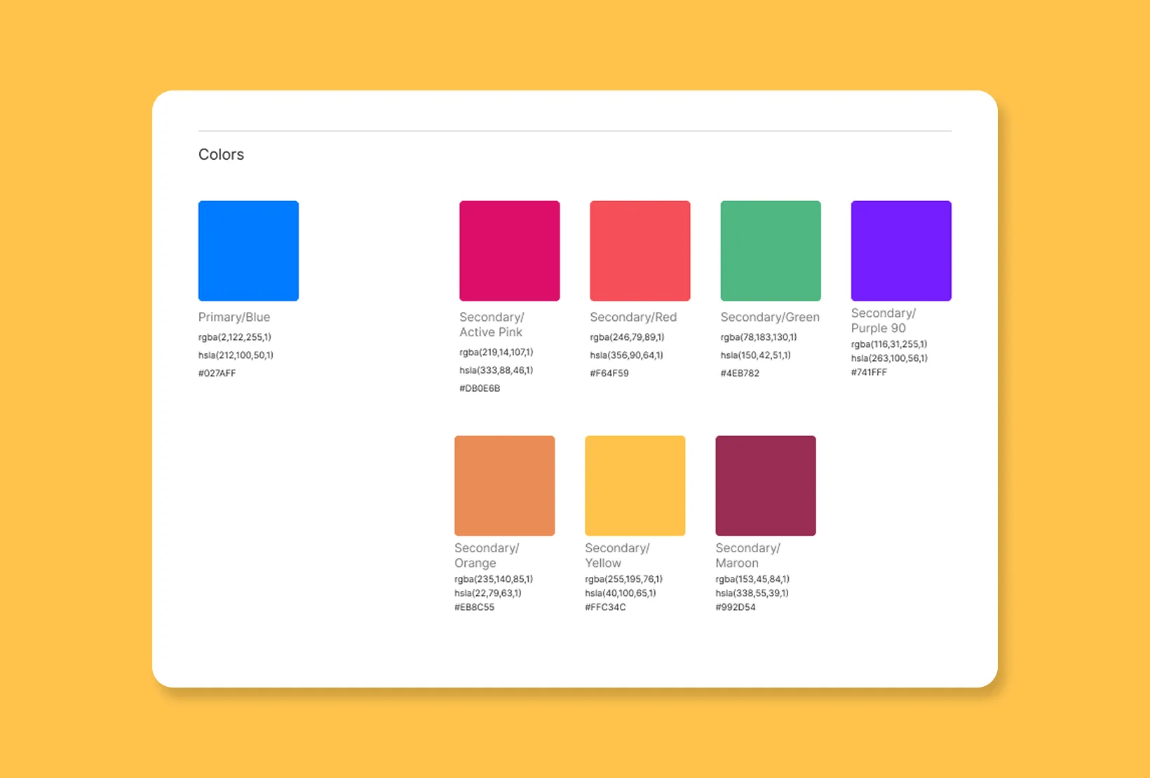 Brand color system example showing primary and secondary colors with labeled swatches and visual identity color values