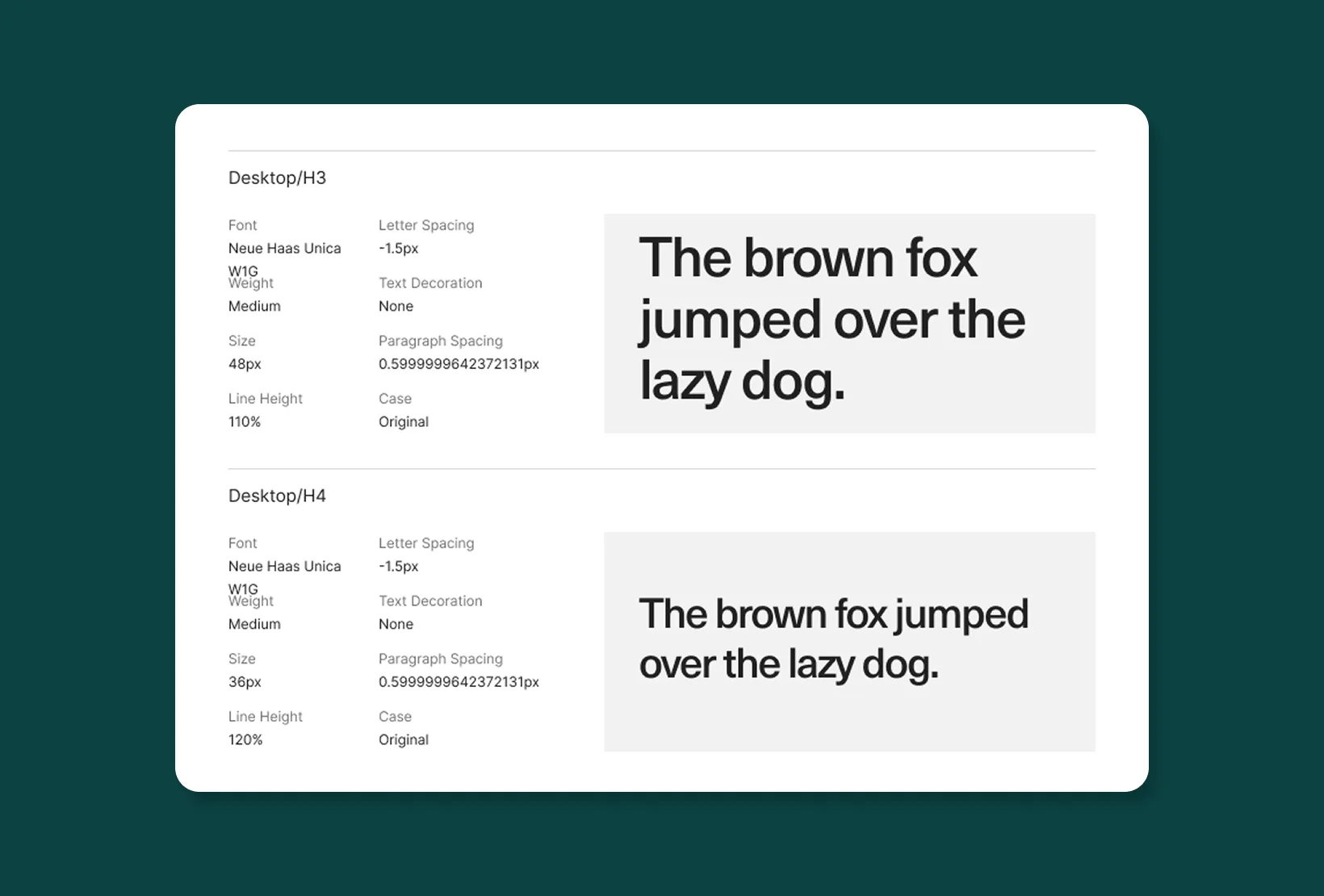 Brand typography system showing heading styles, font specifications, spacing, and hierarchy for desktop design