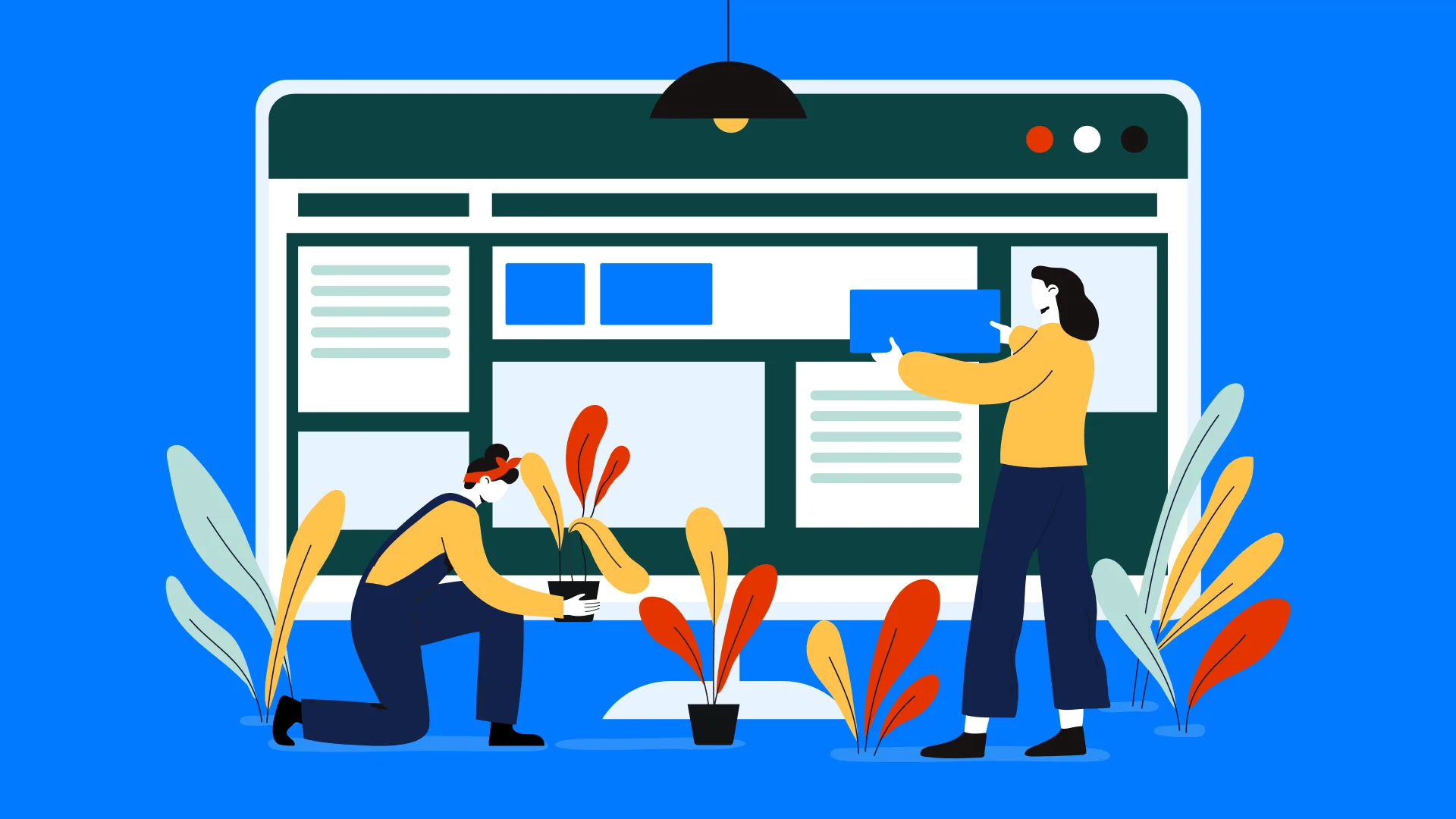Illustration of two people arranging content on a large website dashboard screen, with colorful plants around them, representing website design, analytics, and blog statistics.