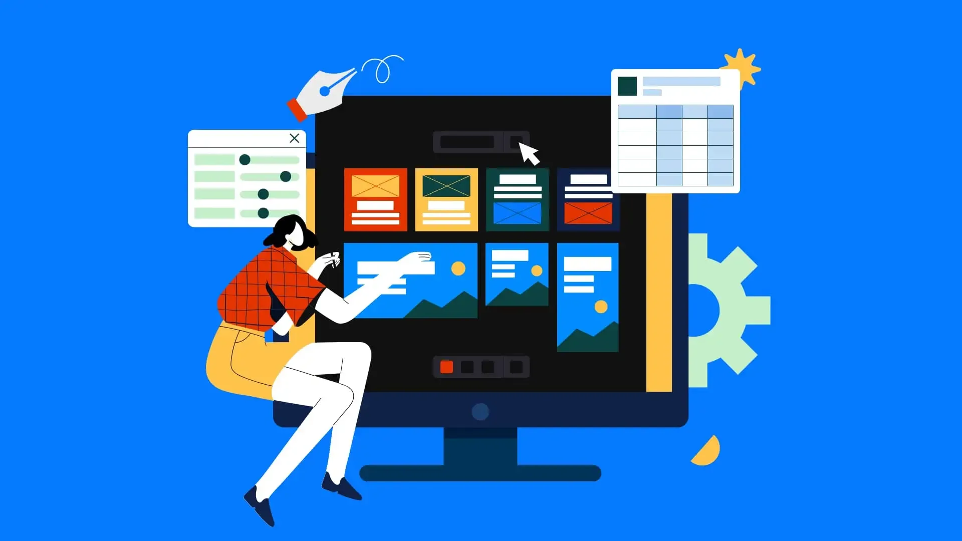 Illustration of a designer arranging digital marketing assets on a large screen with spreadsheet and design controls.