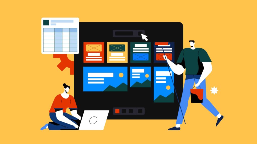 Two people planning website layout with digital wireframes and design elements on screen.