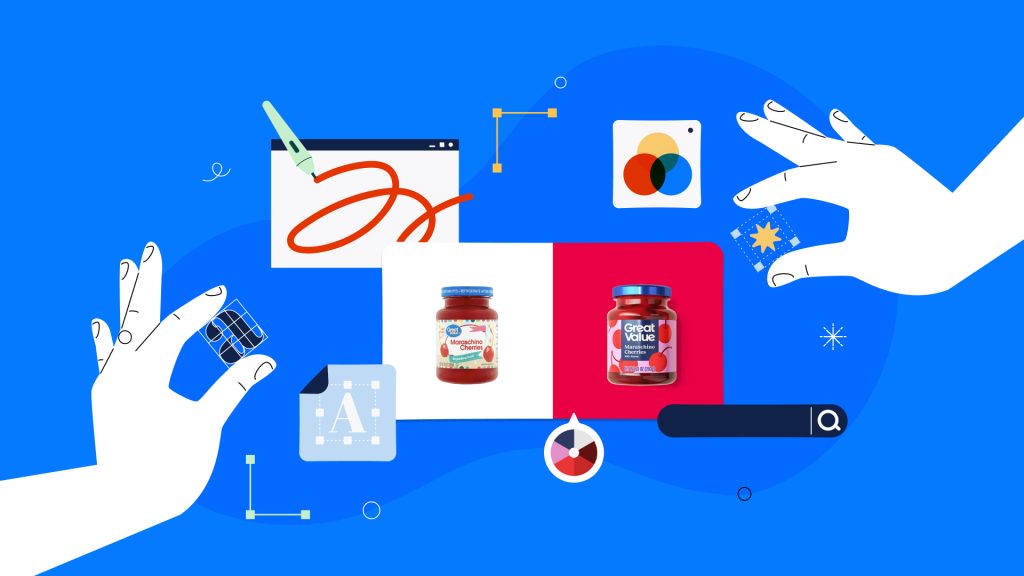 Illustration of packaging design elements with a Great Value jar before-and-after redesign comparison