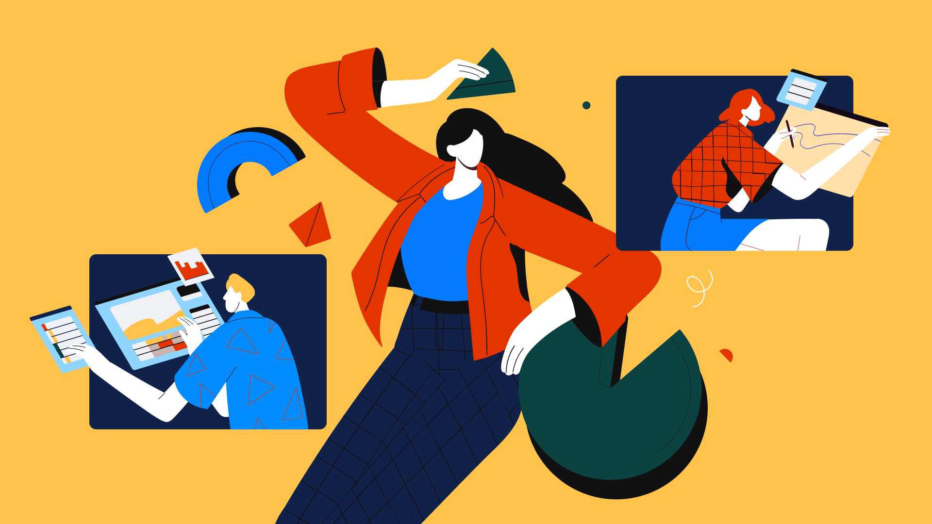 Illustration representing design team structure with creative professionals collaborating on digital design tasks for a company