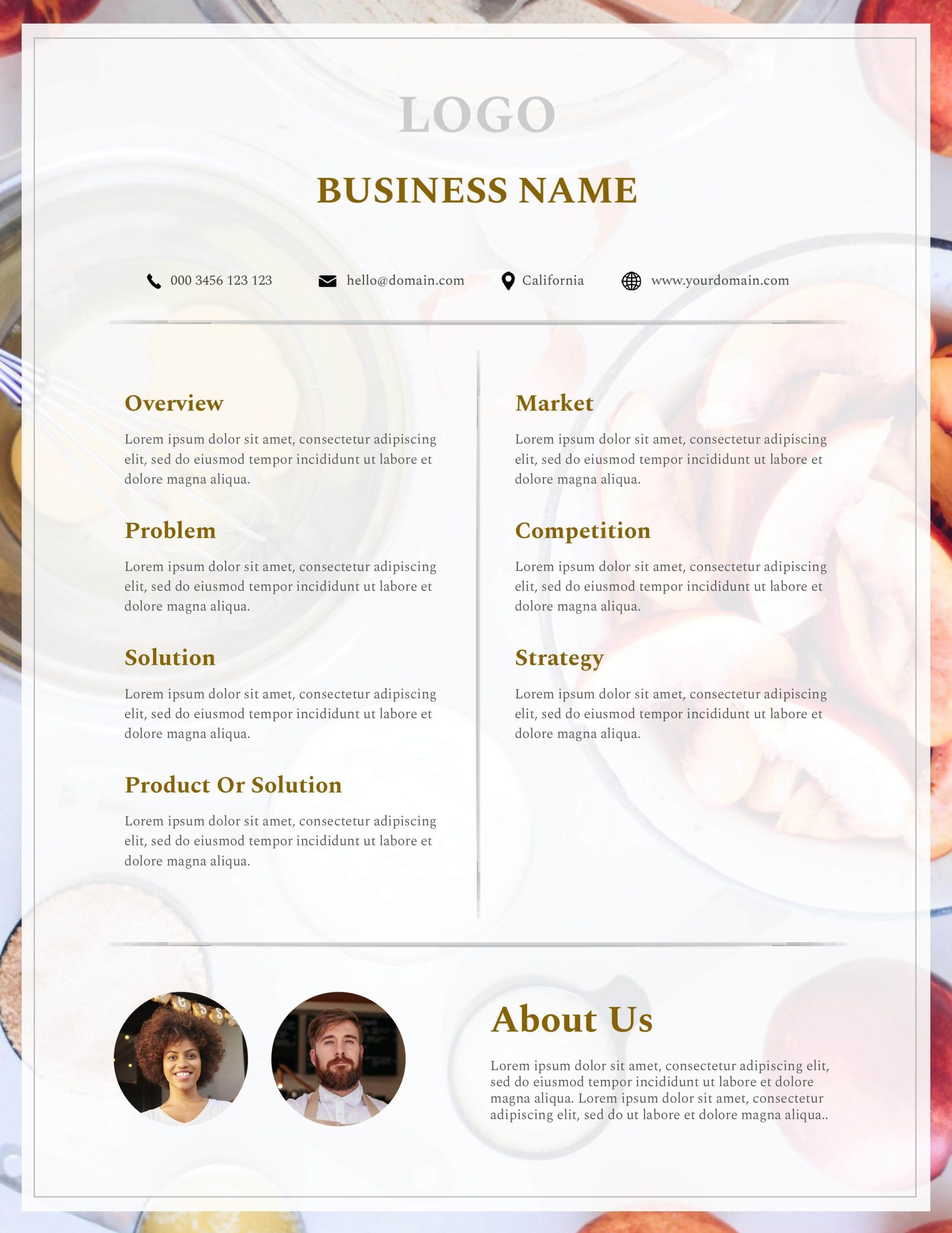Food and beverage one-pager template with soft food background, business overview, market analysis, competition, and About Us section
