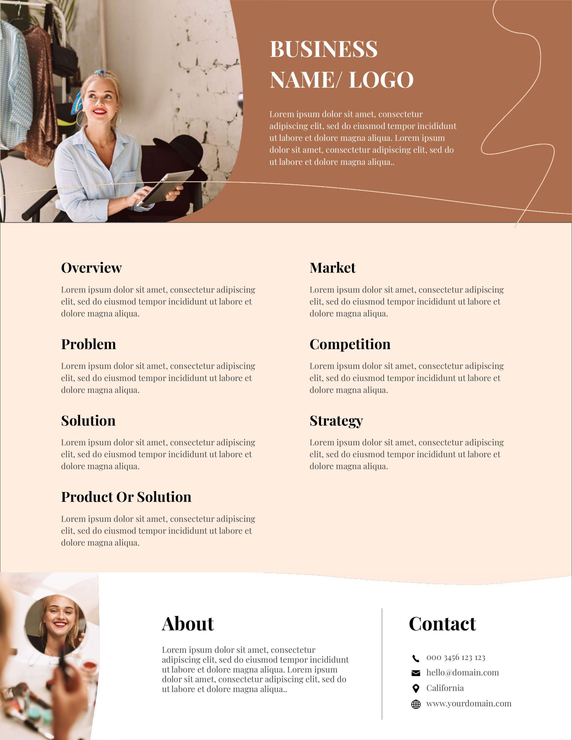 Beauty brand one-pager template with editorial portrait, business overview, market and competition sections, and contact details