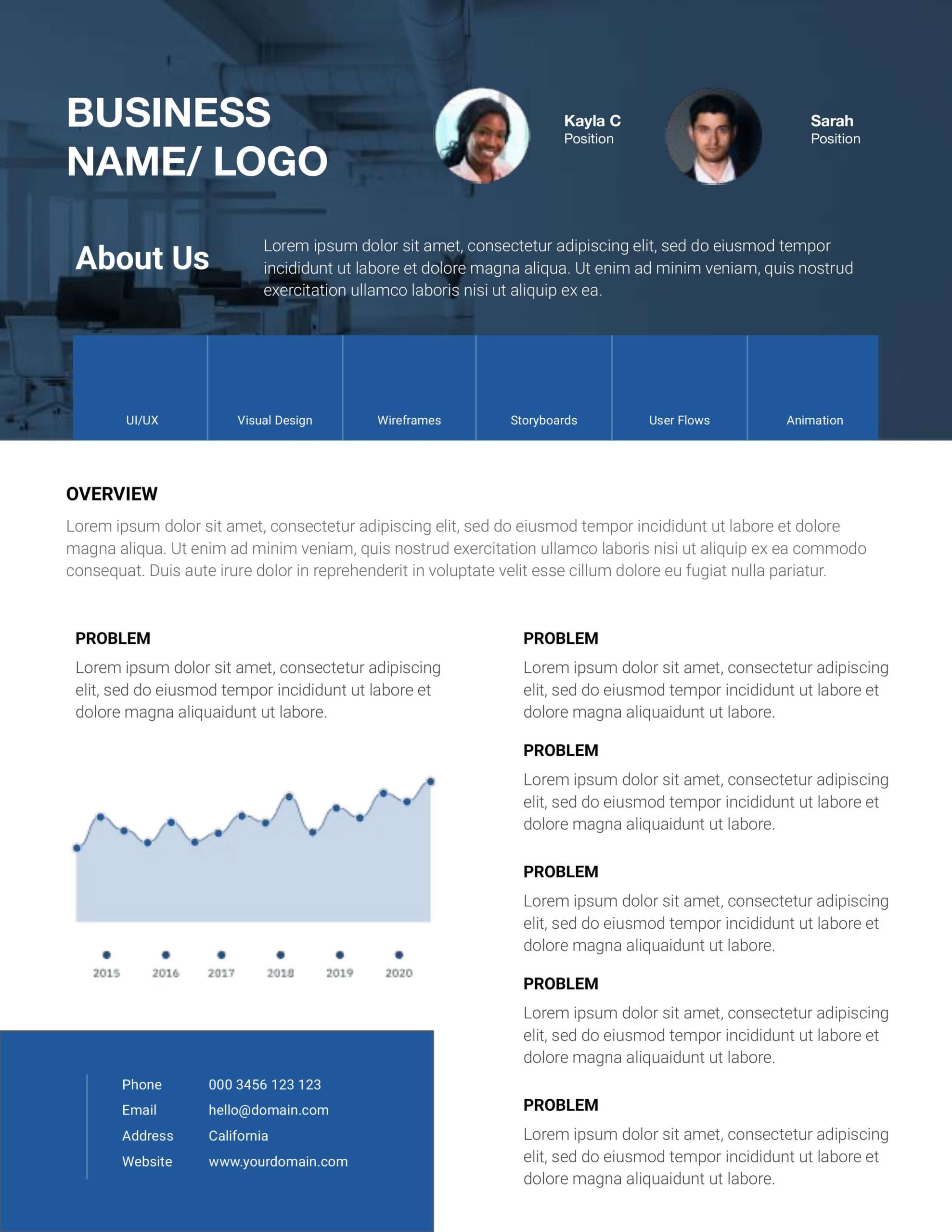 Corporate business one-pager template with office background, team profiles, service categories, overview content, and growth chart