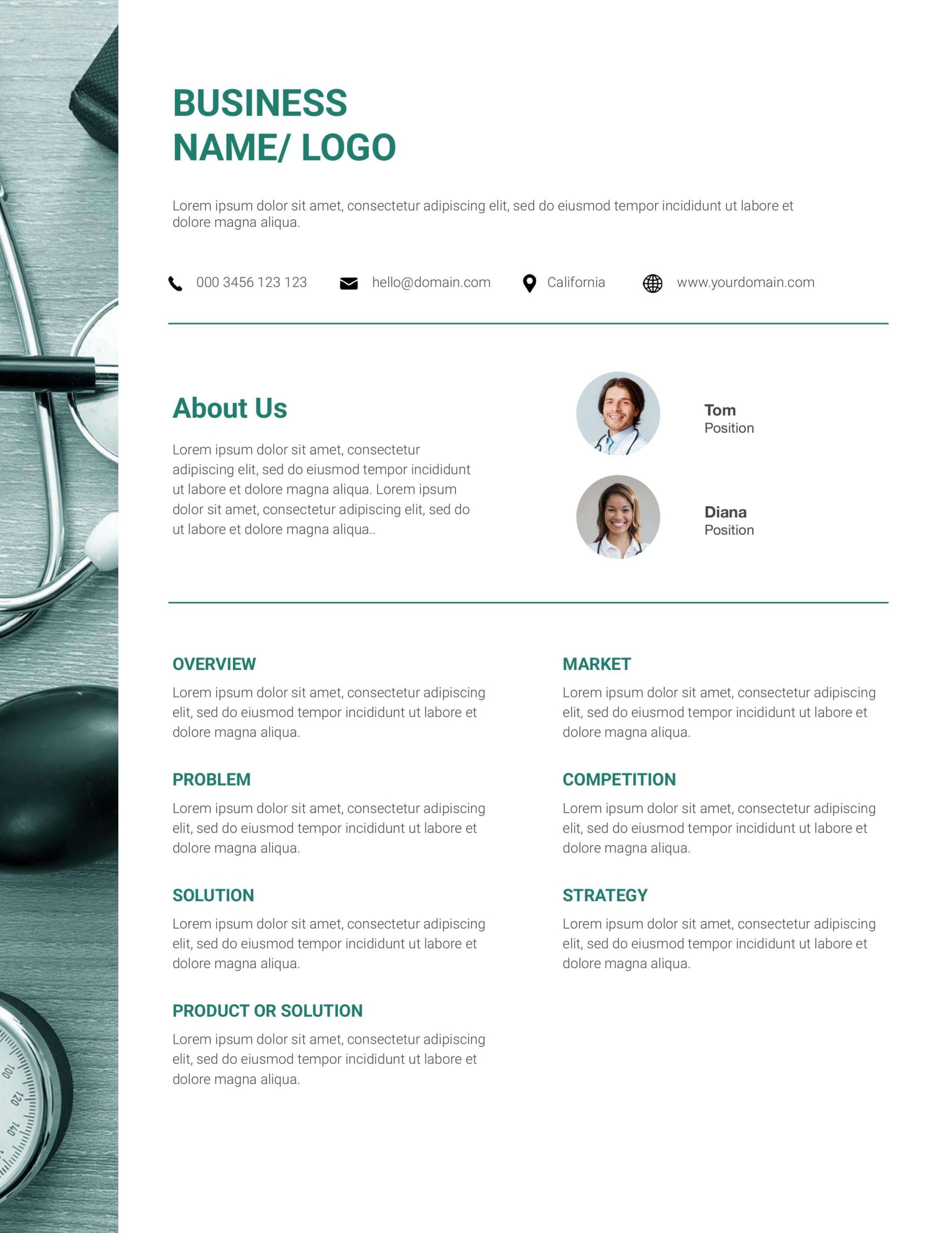 Healthcare business one-pager template with medical background, team headshots, About Us section, and service overview layout
