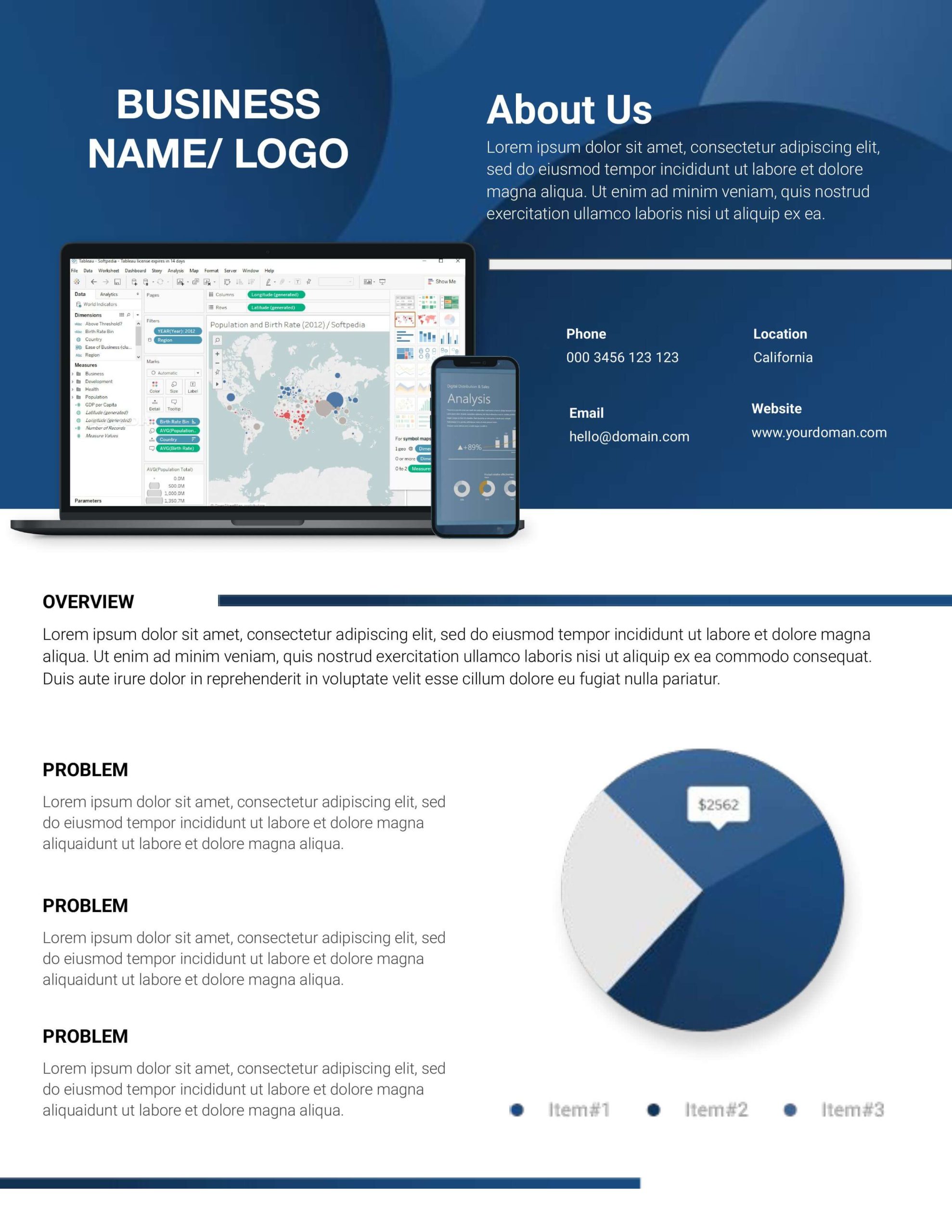 Blue tech company one-pager template with analytics dashboard, laptop and mobile mockups, About Us section, and contact details