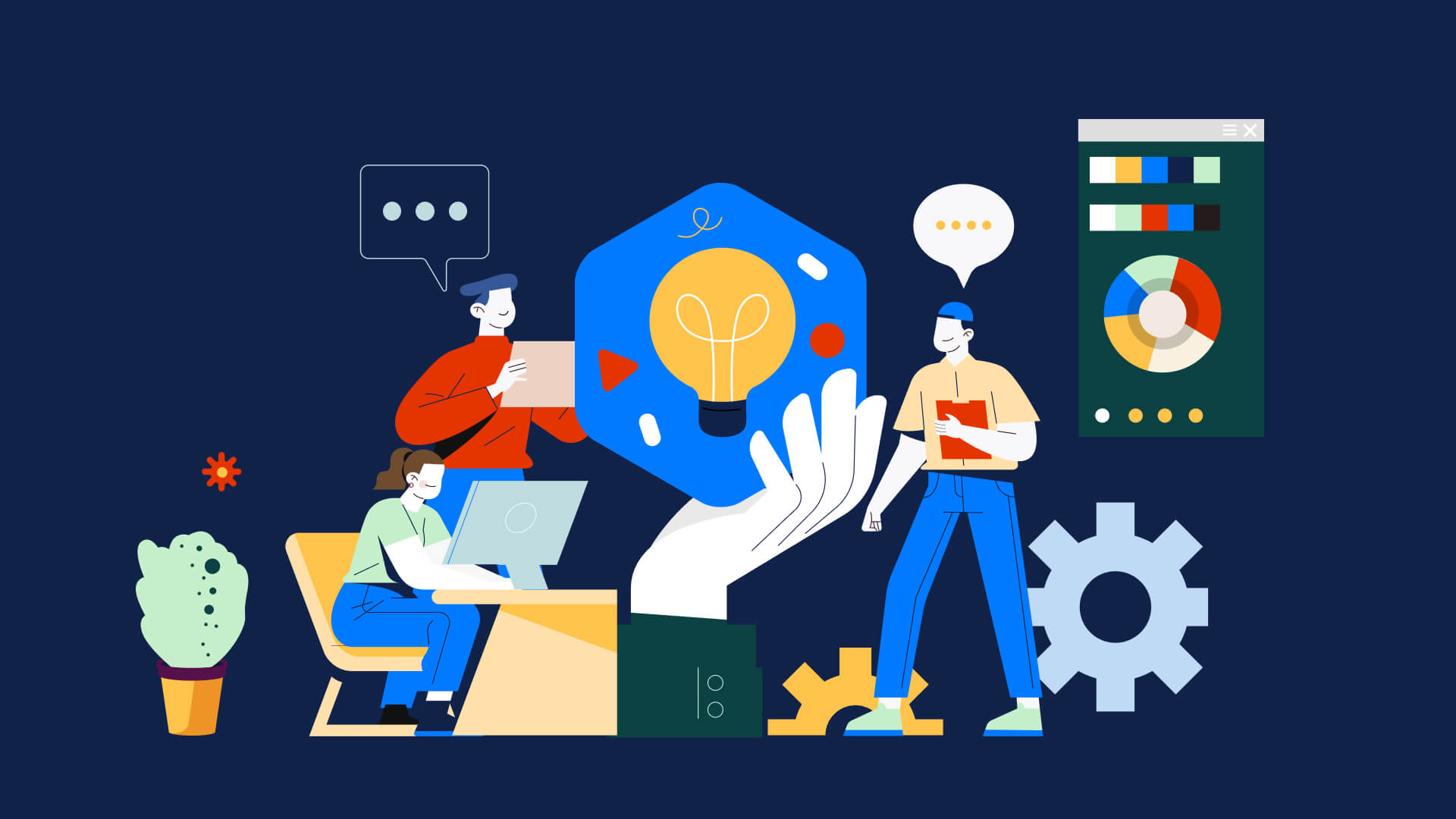 Business team collaboration illustration with idea lightbulb, analytics dashboard, and workflow icons for a company one-pager template