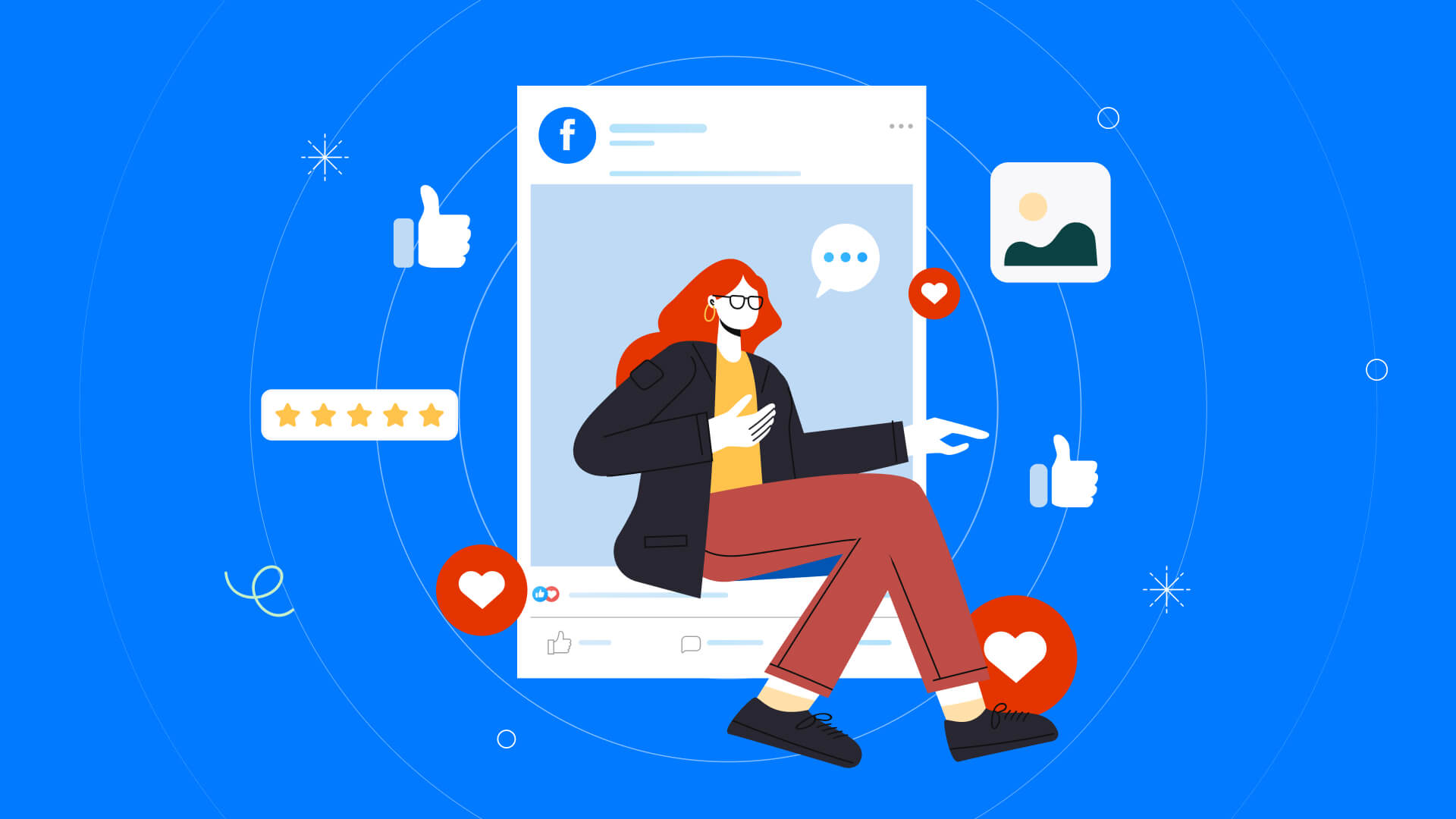 Illustration of a Facebook ad post with social engagement icons, reactions, reviews, and a person sitting in front of the feed.