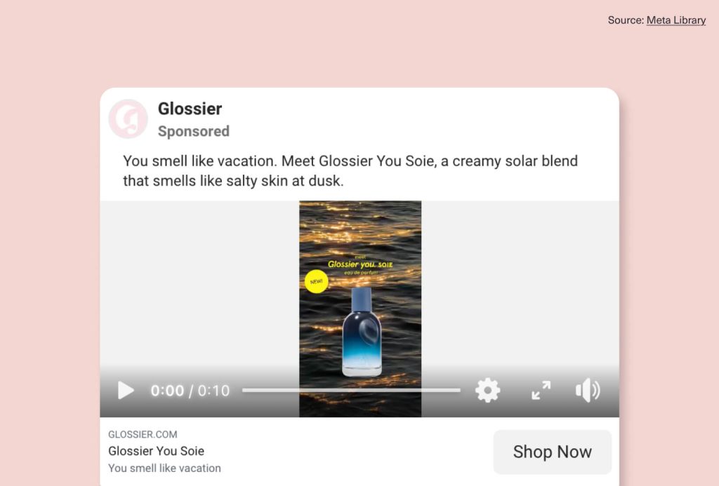 Example of a high-converting Facebook video ad design from Glossier featuring strong product focus, minimal copy, and clear visual storytelling.