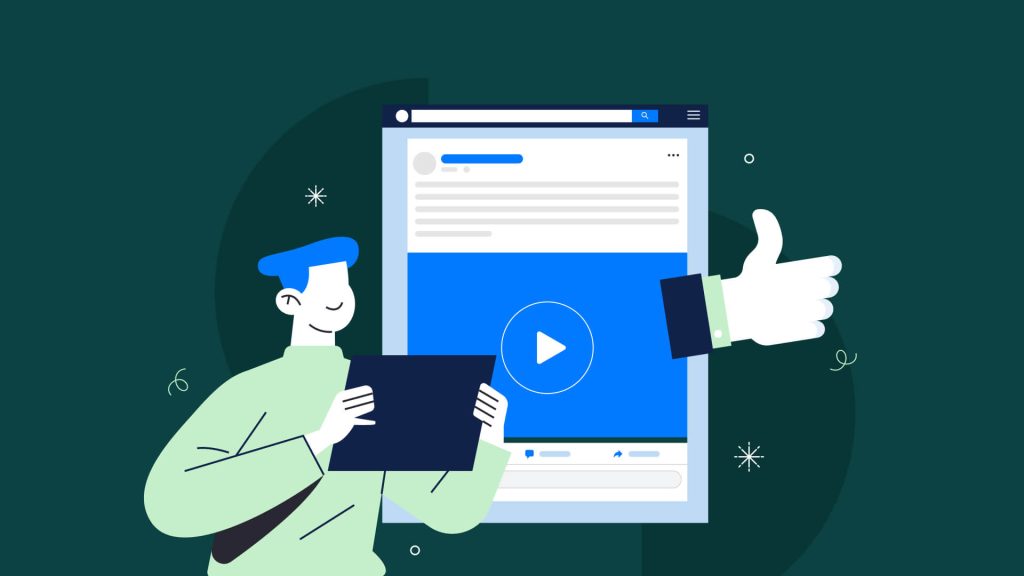 Illustration for a blog about how to design Facebook ads that convert, featuring a social media ad interface, video play button, and engagement icons.