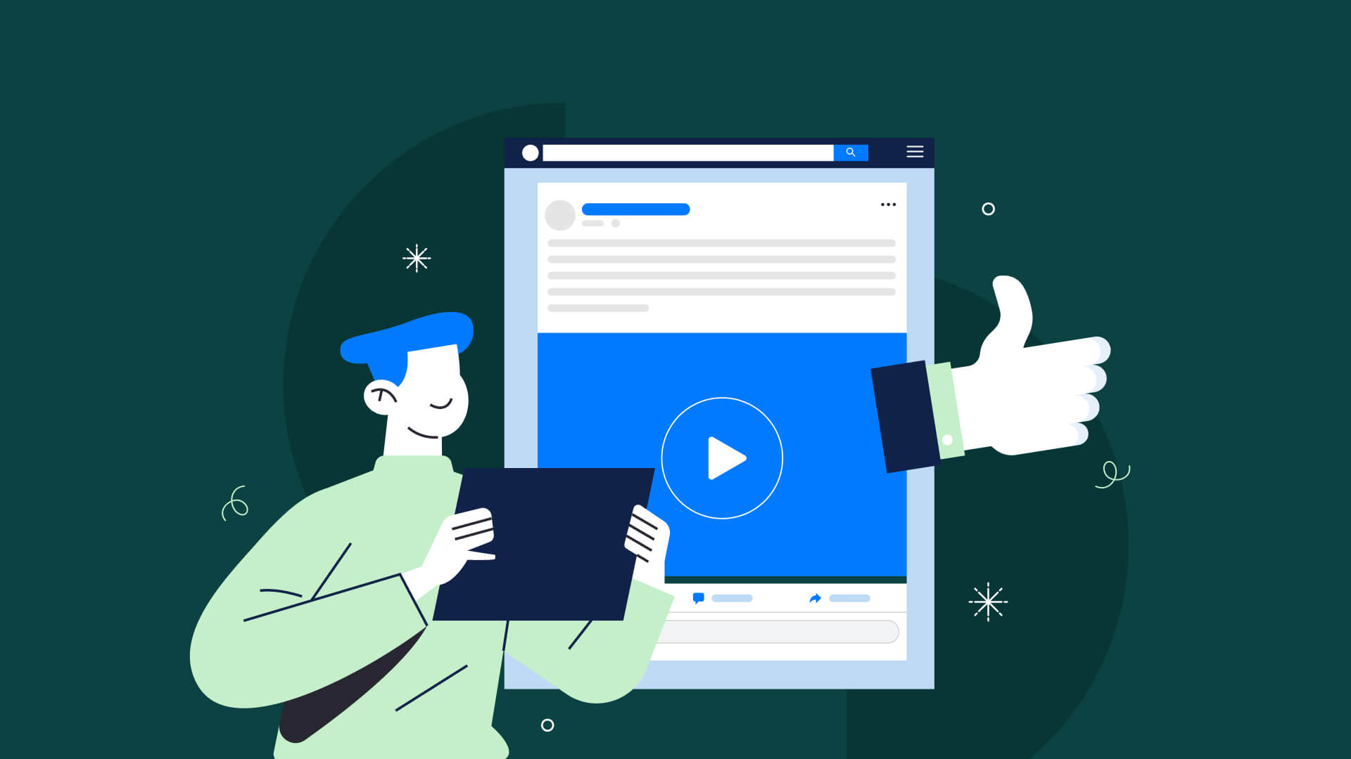 Illustration for a blog about how to design Facebook ads that convert, featuring a social media ad interface, video play button, and engagement icons.