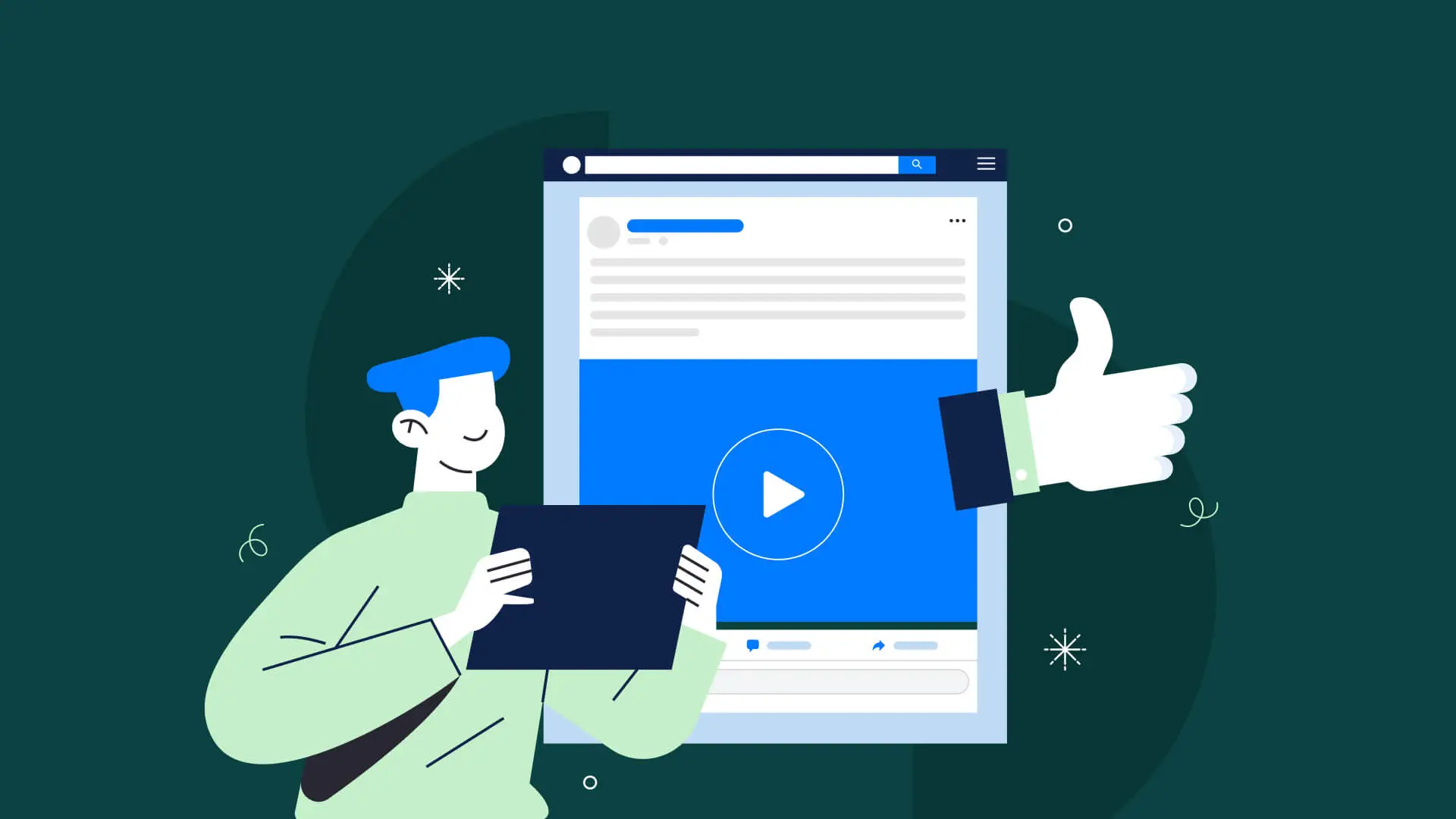 Illustration for a blog about how to design Facebook ads that convert, featuring a social media ad interface, video play button, and engagement icons.