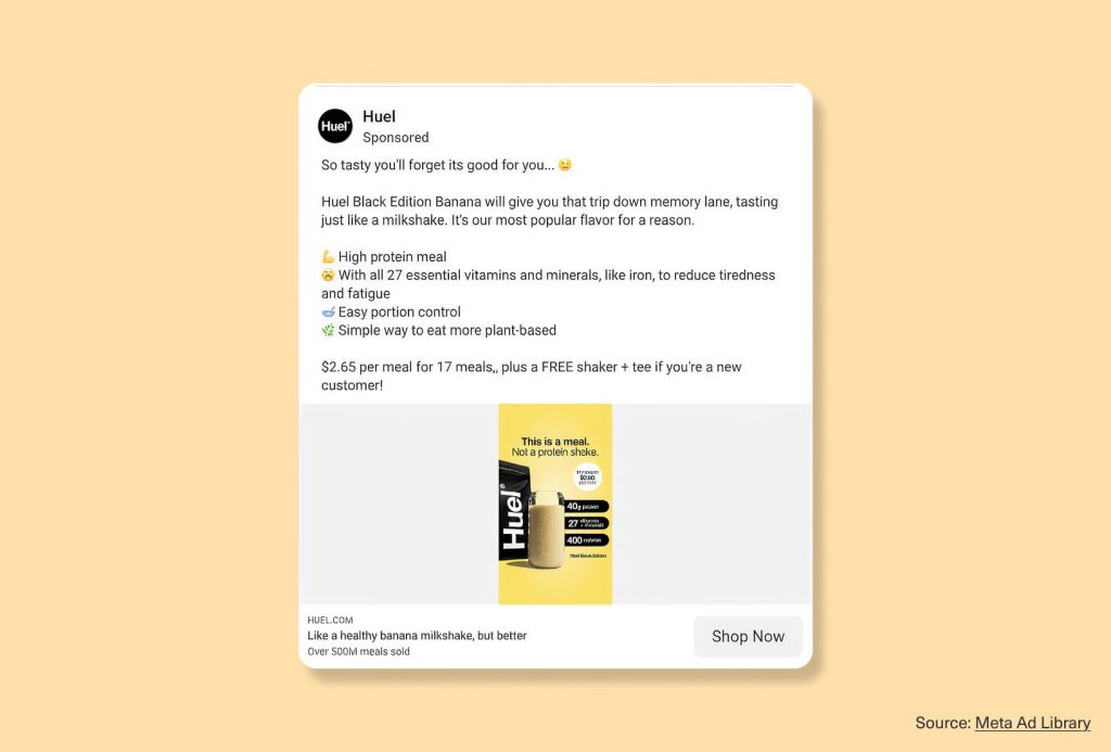 Huel Facebook advertising example promoting Black Edition Banana with nutrition benefits, a product shake image, and a Shop Now CTA.