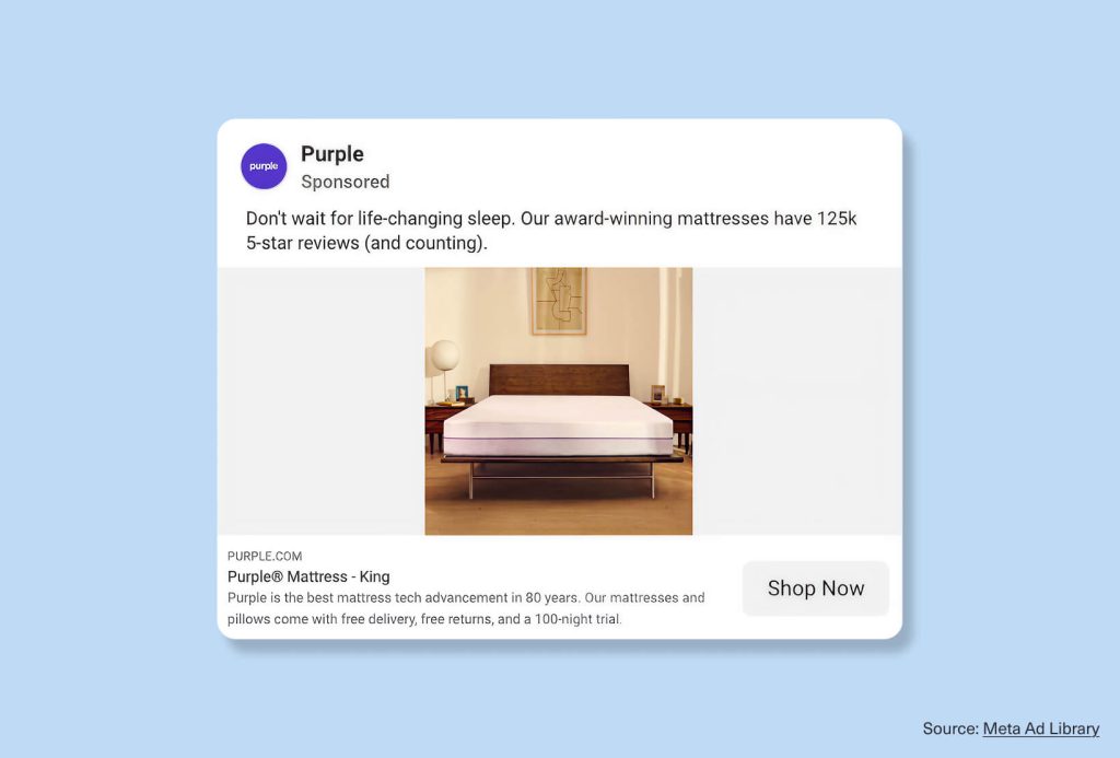 Purple Facebook ad copy example showing a mattress in a bedroom with 125K 5-star reviews copy and a Shop Now CTA.