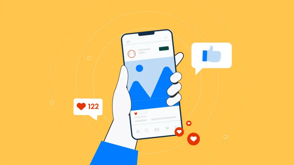 Illustration of a smartphone displaying social media content with likes and engagement icons, representing effective social media graphic design.