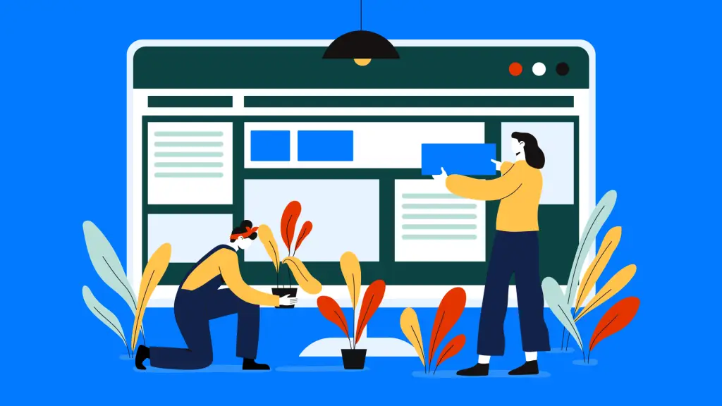 Illustration of two people arranging content on a large website dashboard screen, with colorful plants around them, representing website design, analytics, and blog statistics.