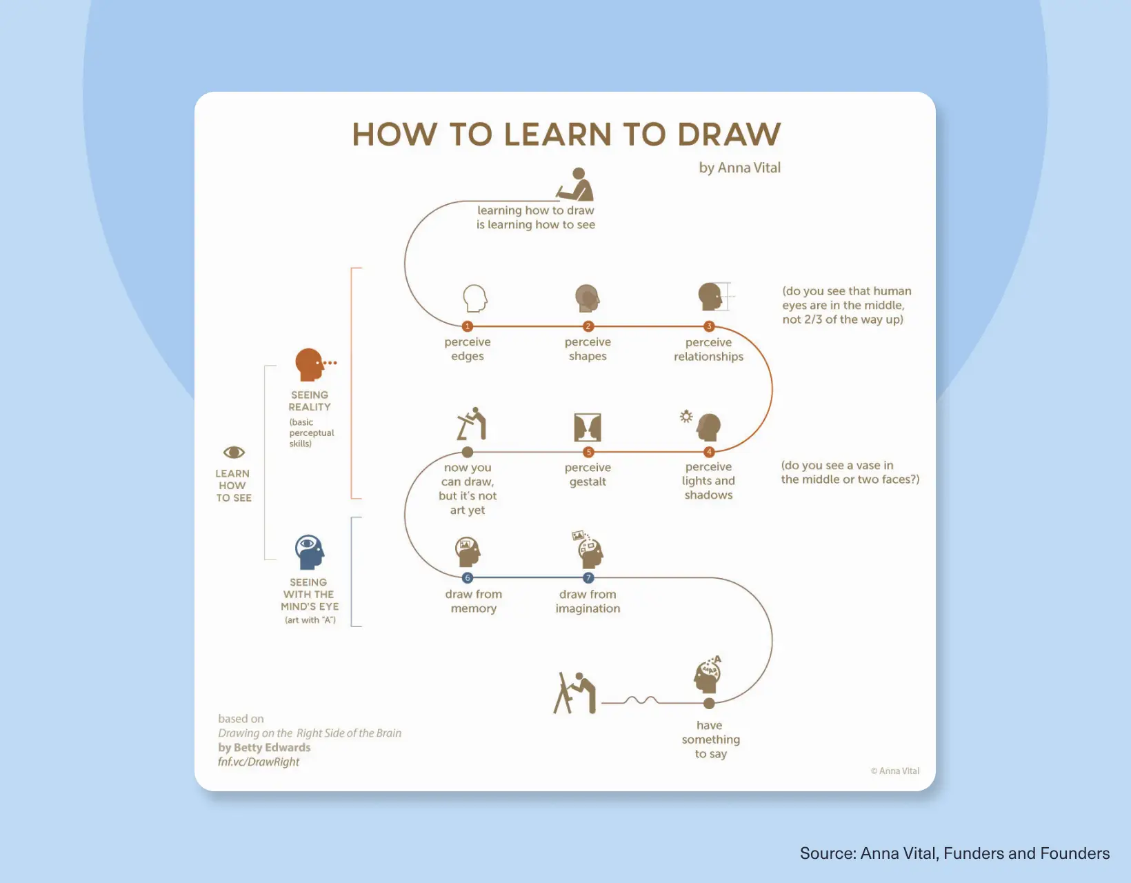 Infographic explaining how to learn to draw, outlining the visual perception steps from seeing edges and shapes to drawing from imagination.