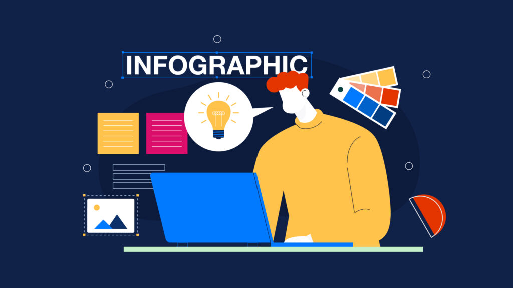 Illustration showing a designer creating an infographic on a laptop, with visual elements like charts, color palettes, and idea icons representing infographic design and visual communication.