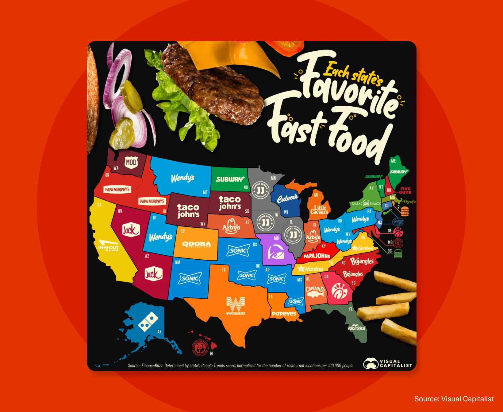 Infographic map showing each U.S. state’s favorite fast food chain, based on search and popularity data.