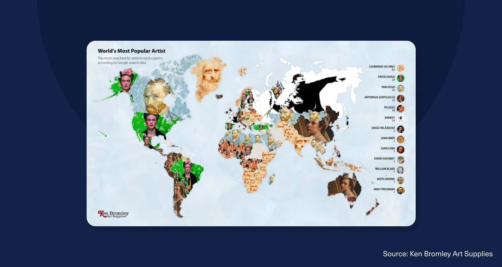 World map infographic showing the most searched artist in each country based on Google search data.