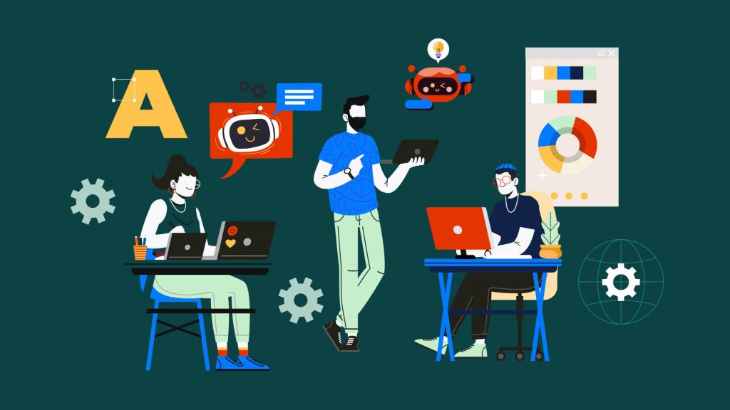 Illustration of a modern AI workspace on a dark teal background. Three people work with laptops and a tablet while playful robot icons, gears, a large letter “A,” chat bubbles, and a dashboard with charts float around them, suggesting collaboration, design, and artificial intelligence.