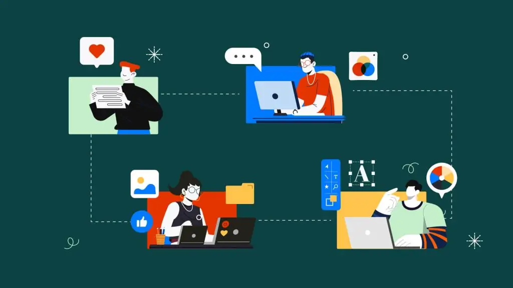 Illustration of a collaborative design workflow showing creative briefing, feedback, concept development, and design execution across a team.