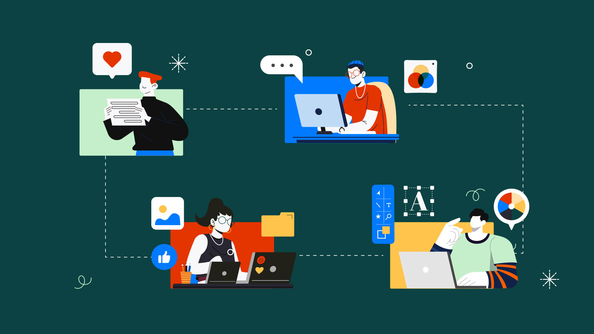 Illustration of a collaborative design workflow showing creative briefing, feedback, concept development, and design execution across a team.